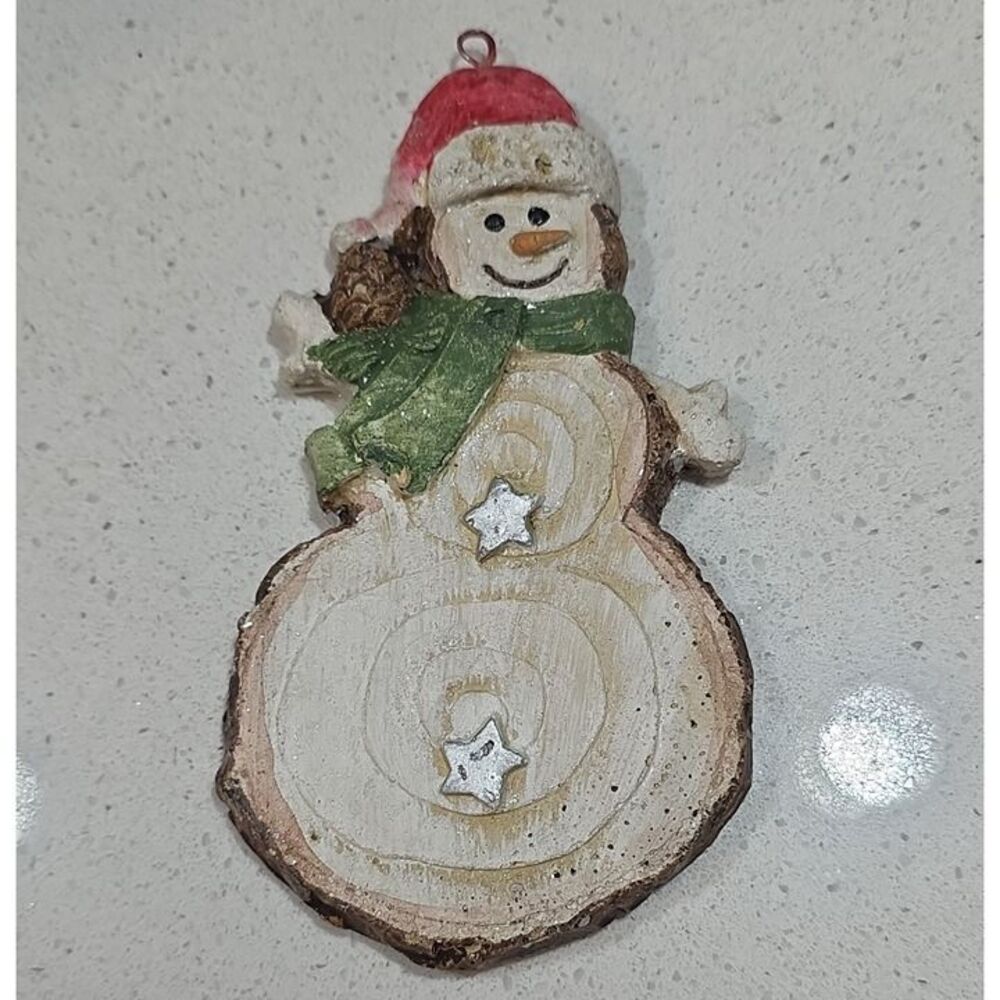 Wood Snowman Christmas Hanging Ornament White Red Green Brown